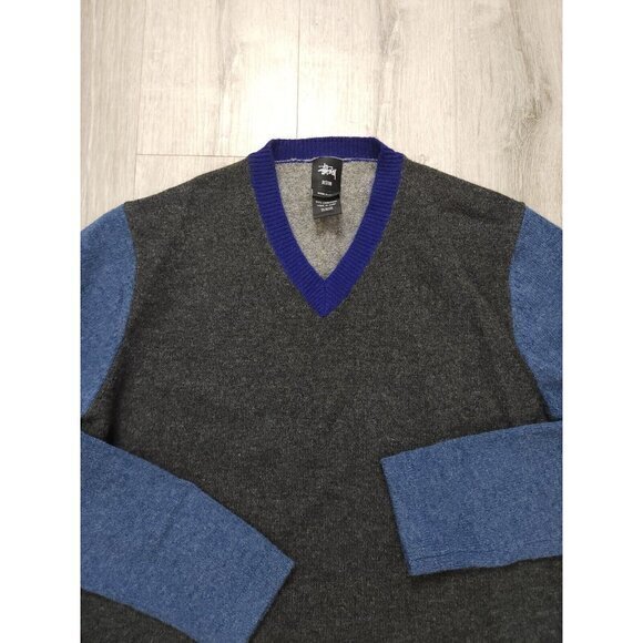 Stussy 100% Lambswool V Neck Long Sleeve‎ Sweater Colorblock Mens Medium - Picture 5 of 9